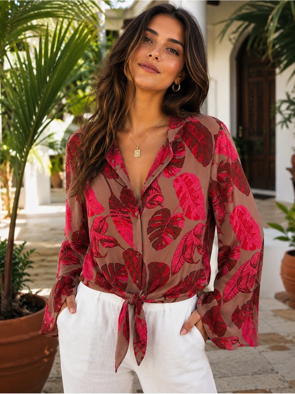 NWOT VENUS Tropical Leaf Tie Front Bell Sleeve Blouse